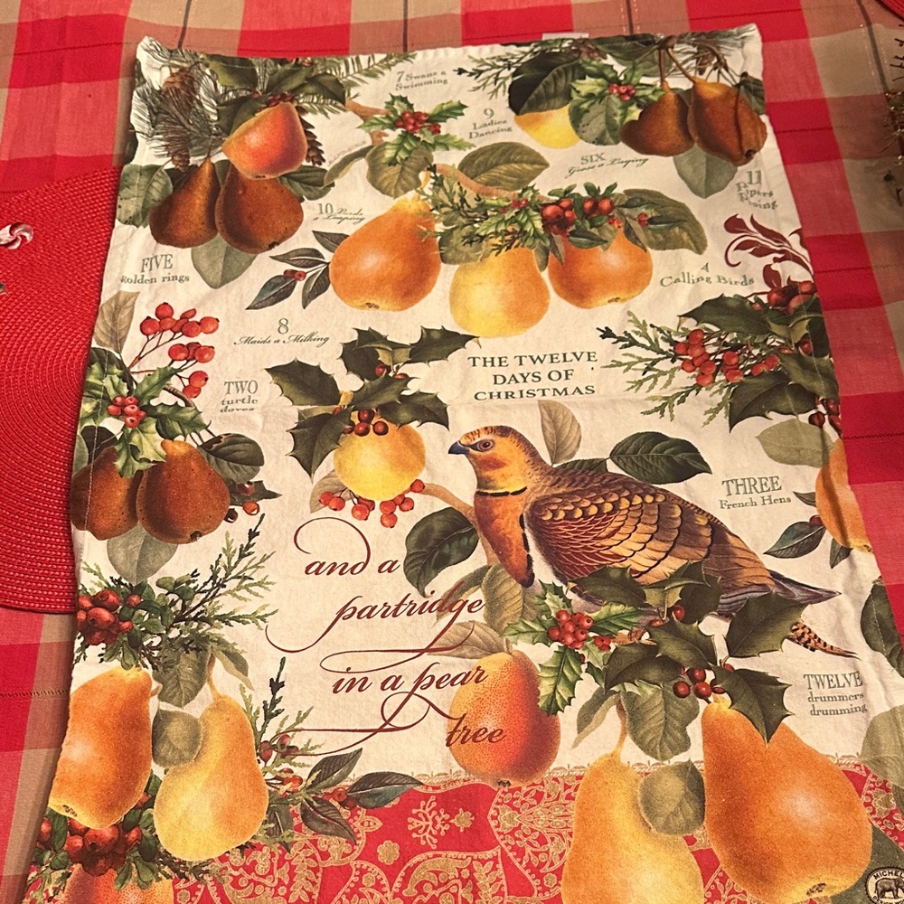 Festive Holiday Tea Towel with Partridge and Pear Design